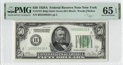 小福收藏拍卖第198期 评级币精选场  本期有菲律宾百位靓号100000比索超大纪念钞 苏里南25000盾花鸟版最高值 柬埔寨珍品56年50瑞尔 南越未发行版最高值打飞机  巴哈马彩背 老挝中国代印57年样钞 匈牙利 斯洛伐克 法罗群岛等多国精美高分珍稀老钞精品纸币 - 美国 1928年 50美元 长号无47 绿库印 PMG65 EPQ 亚军分