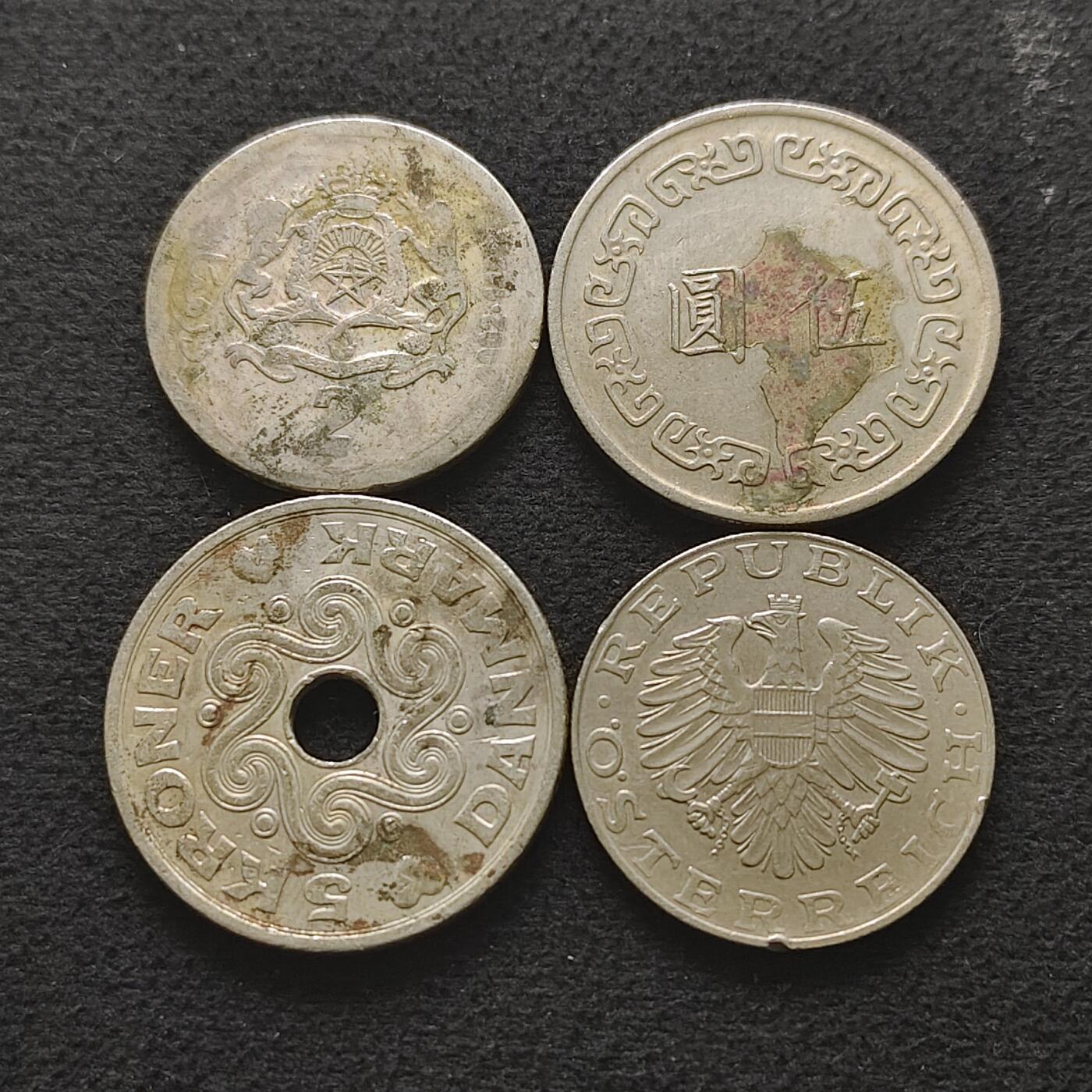 【全场包邮】纯粹捡漏拍490场（免费代拍第27场） 世界各国各年份中型尺寸散币4枚一组-摩洛哥+奥地利+丹麦+中国台湾