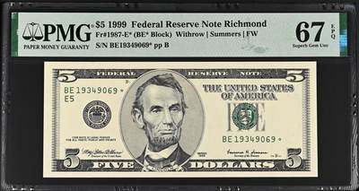 【礼羽收藏】🌏世界钱币拍卖第118期 - 1999年 大头版5美元 首发年份 星补号 高分PMG67EPQ