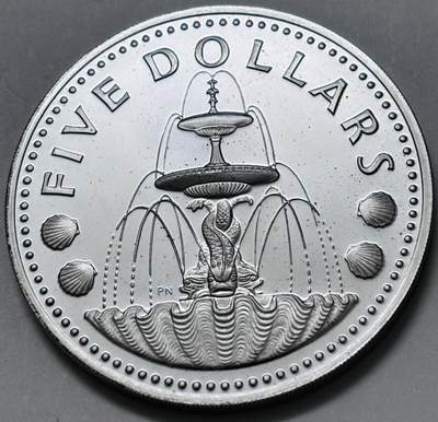 文馨钱币收藏 迎新纳福2026新年第一场（第 287 场）金银老铜币拍卖 - 全新 1973 年巴巴多斯 5 元精制大银币 31.1 克 800 高银，第一版首发版，车轮转光镜面工艺，所见即所得