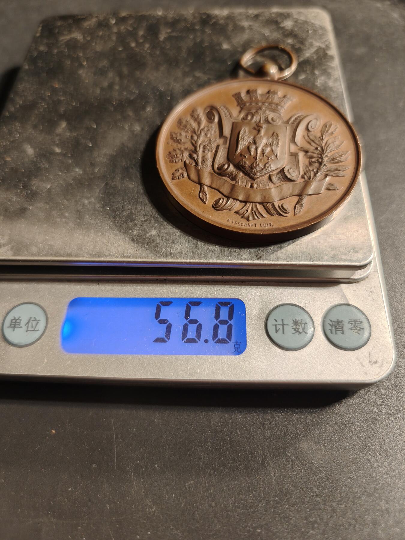 老王徽章第173期 法国1888年尼斯游艇俱乐部大尺寸铜奖章     原盒      直径50mm       重量59.8g