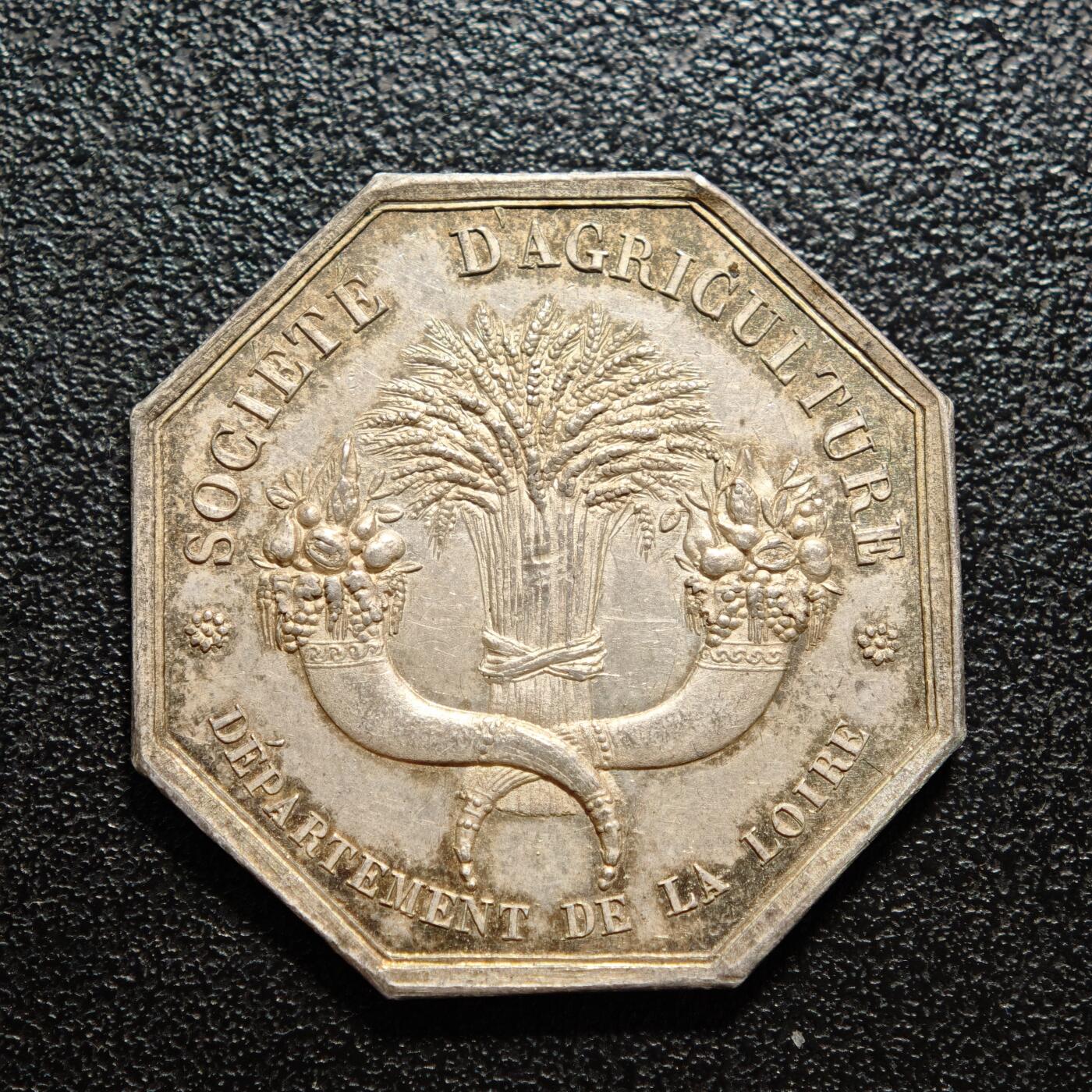 【德藏】世界币章拍卖第160期 1828年 法国卢瓦尔河农业部八角银章代用币 黄油彩包浆 状态极佳  直径约：30mm；重约：10.4g