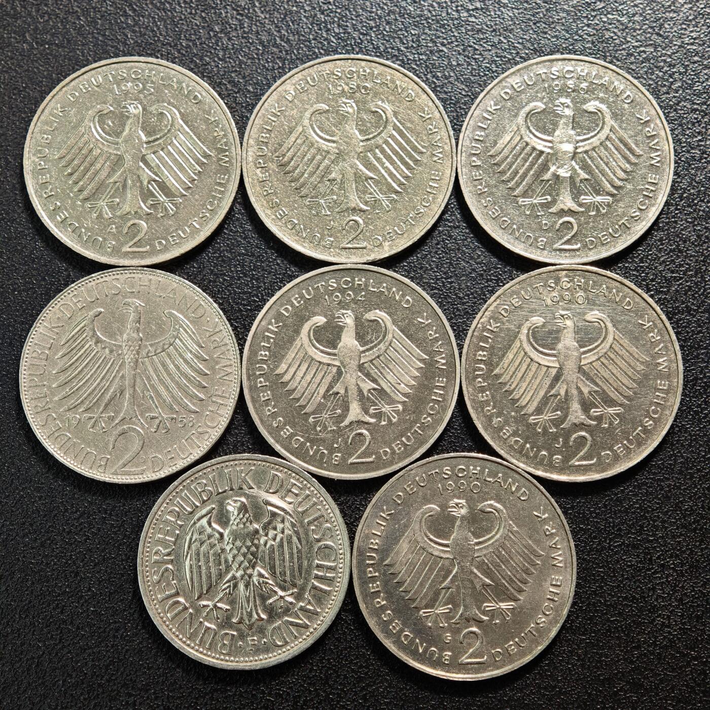 【德藏】世界币章拍卖第160期 8枚一组 德国2马克镍币 直径约：25.4mm，26.6mm；重约：7g/枚