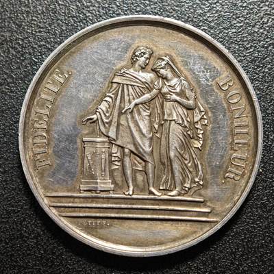 【德藏】世界币章拍卖第160期 - 19世纪 法国结婚纪念银章 手指边铭 原味包浆 直径约：39.1mm；重约：24.9g