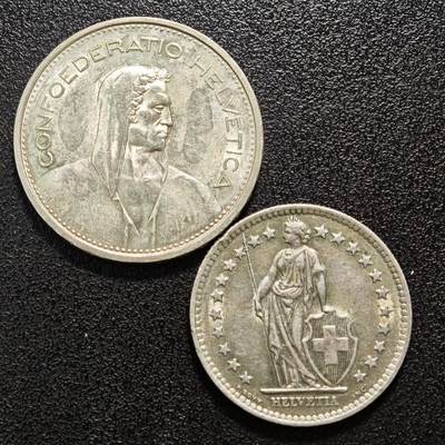 【德藏】世界币章拍卖第160期 - 2枚一组 1966、1963年 瑞士5法郎及2法郎银币 直径约：31.2mm，27.3mm；重约：14.9g，10g