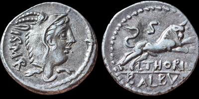 典藏极美品！古罗马共和国 朱诺第纳里银币  L·索里乌斯·巴尔布斯（L. Thorius Balbus），这是经典的一枚朱诺披山羊皮的银币，一般朱诺都长得比较丑，但是这一枚算是比较漂亮的