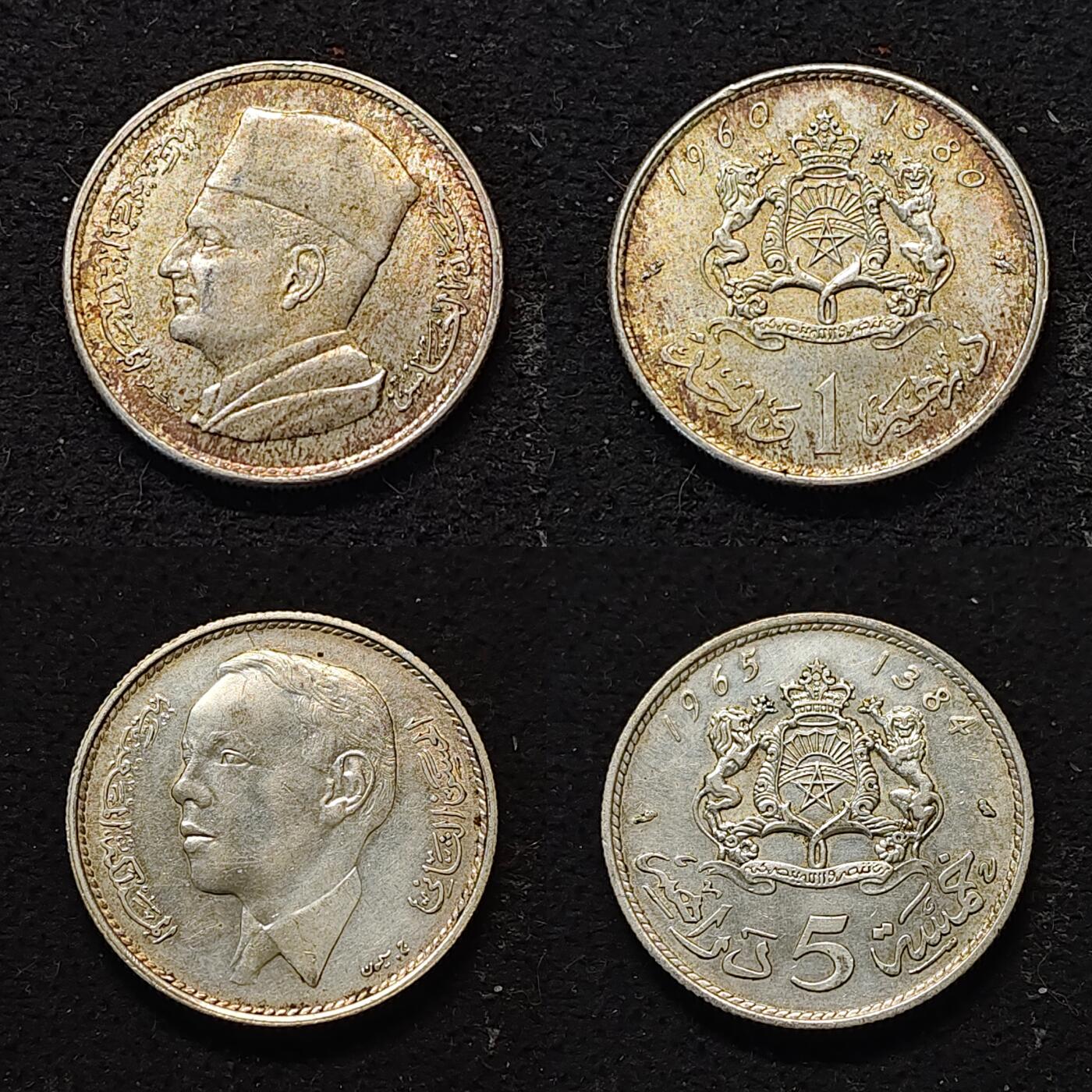 【全场包邮】纯粹捡漏拍491场（免费代拍第28场） 摩洛哥1960-1965年老银币2枚一组-默罕默德五世1迪拉姆（24毫米6克）银币+哈桑二世5迪拉姆（29毫米11.75克）银币（共计17.75克）