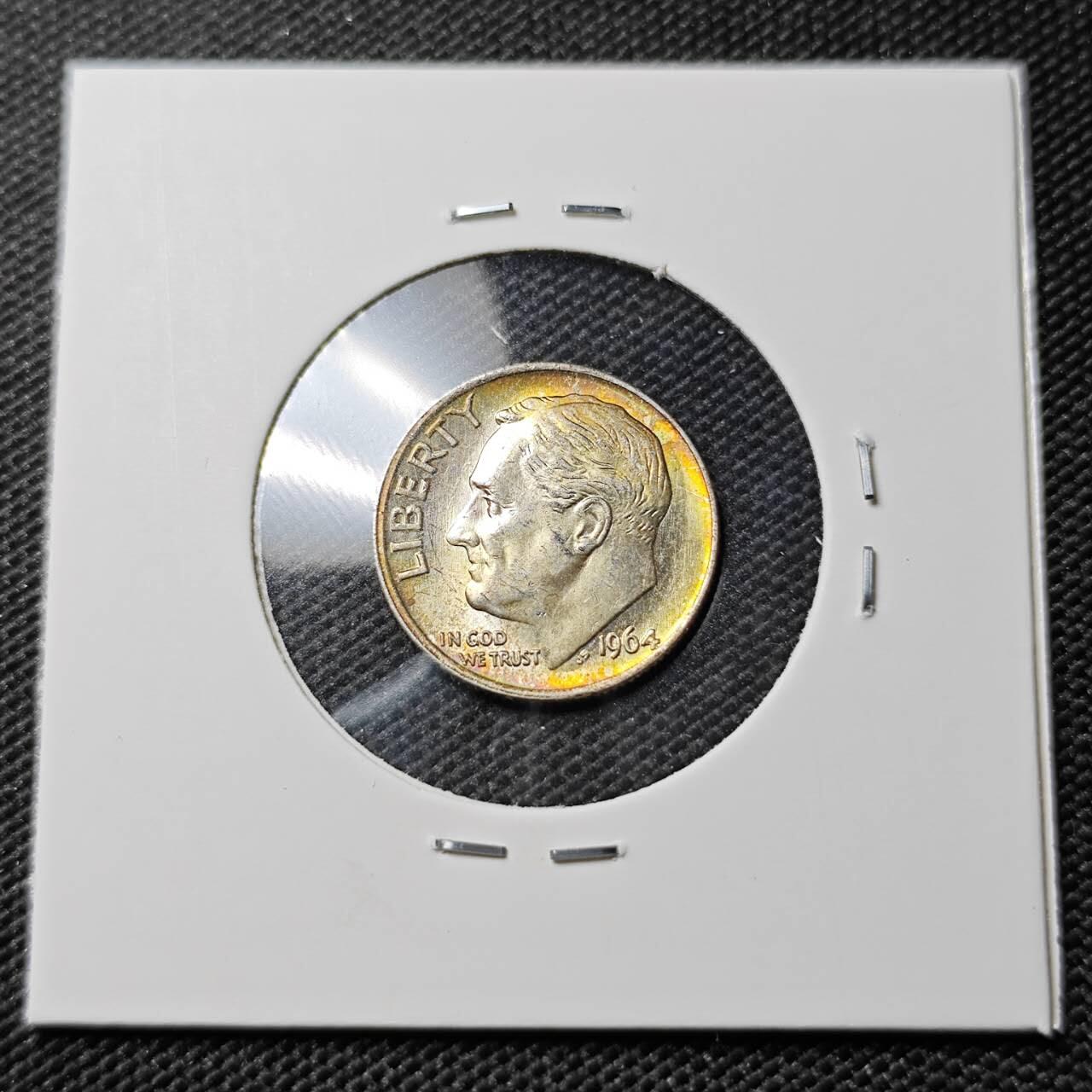 KK钱币收藏小铺 《套币 好品/批量散币专场》  2月预留时间 周末发货   1964美国10分银币 带彩漂亮 好品