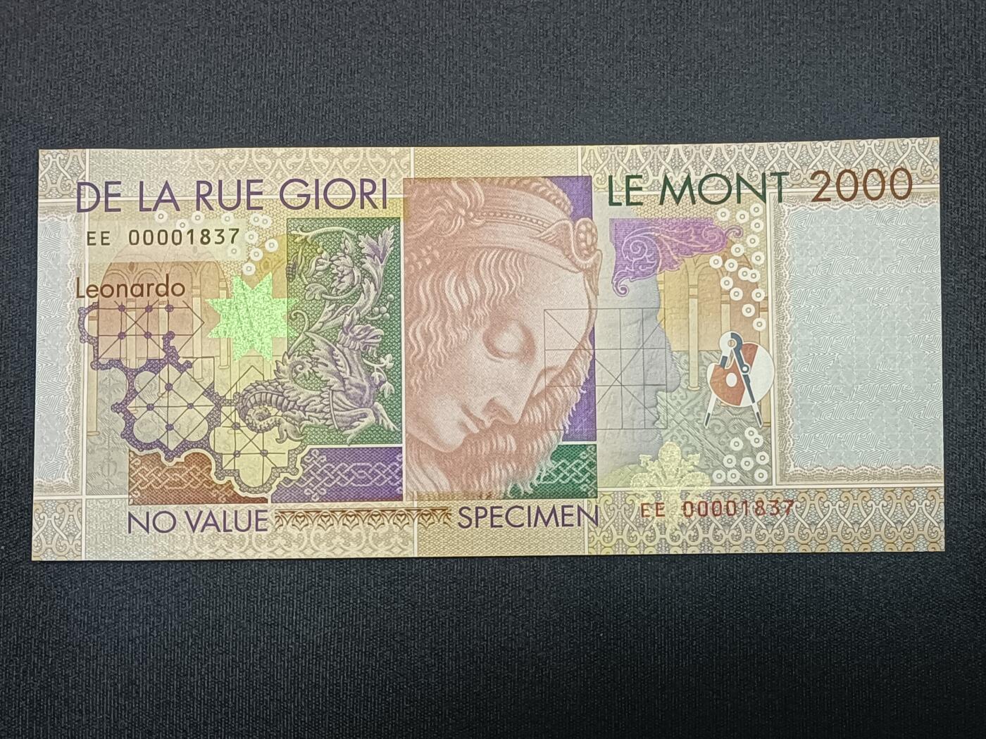 【游宝包邮场】蛇年第104期  德纳罗测试钞-达·芬奇【千位号 全新UNC】