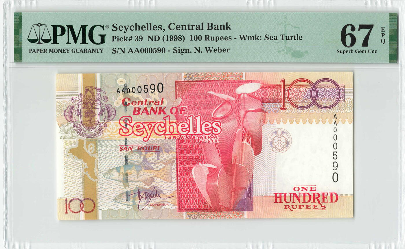 小福收藏拍卖第198期 评级币精选场  本期有菲律宾百位靓号100000比索超大纪念钞 苏里南25000盾花鸟版最高值 柬埔寨珍品56年50瑞尔 南越未发行版最高值打飞机  巴哈马彩背 老挝中国代印57年样钞 匈牙利 斯洛伐克 法罗群岛等多国精美高分珍稀老钞精品纸币 塞舌尔 1998年 100卢比 AA冠 无47 百位小号 PMG67 EPQ 亚军分