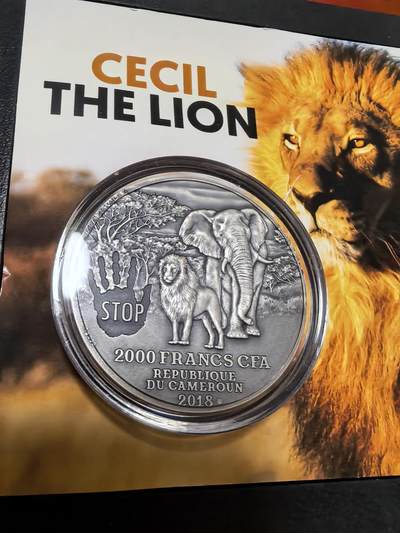 长老汇蛇年精选第九十场拍卖 - 2018喀麦隆狮子塞西2000法郎仿古银币，2盎司999银，999枚，盒证全