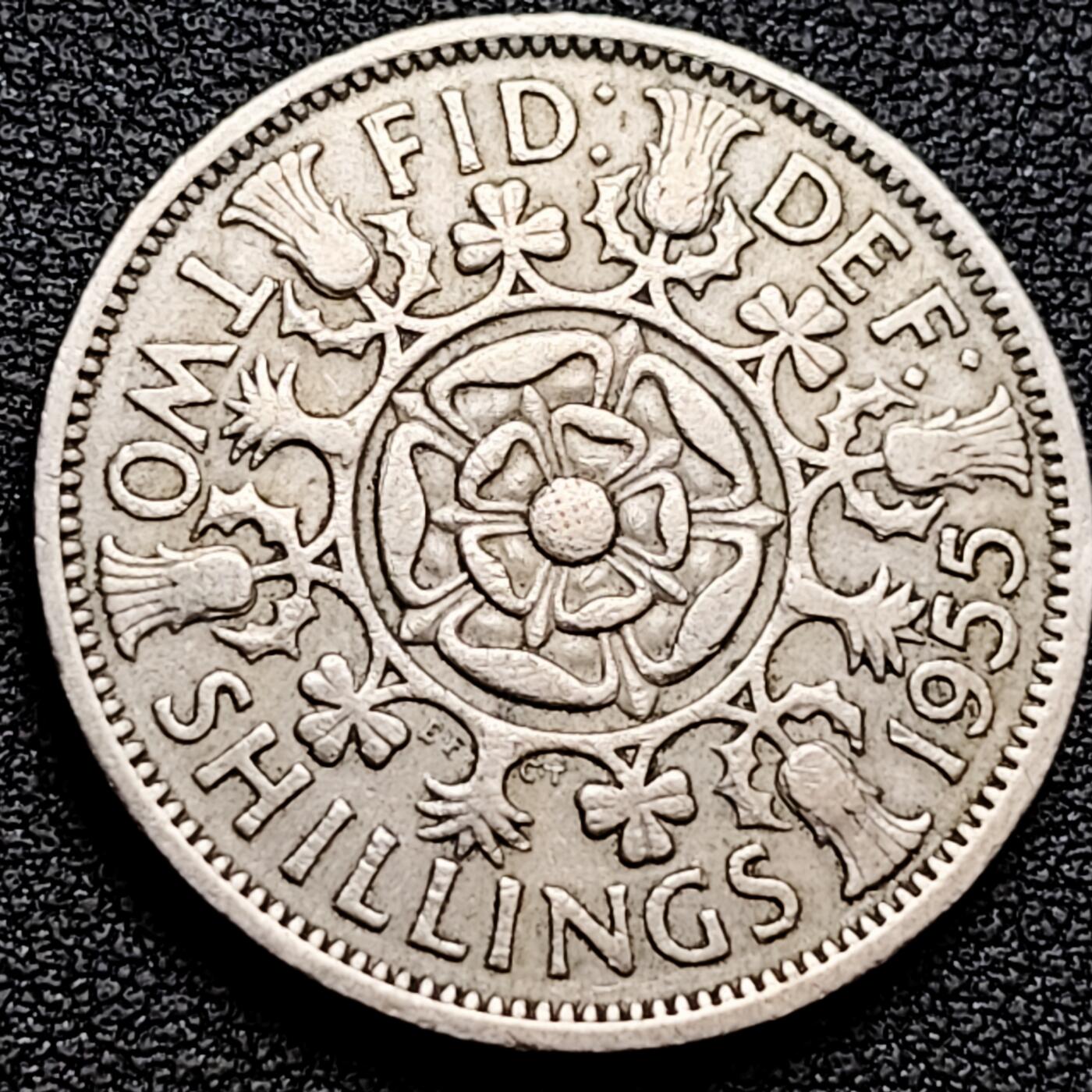 泉币菌-第160场-新年第三场 精品福利场 1955年 英国2先令镍铜硬币 伊莉莎白二世 28mm