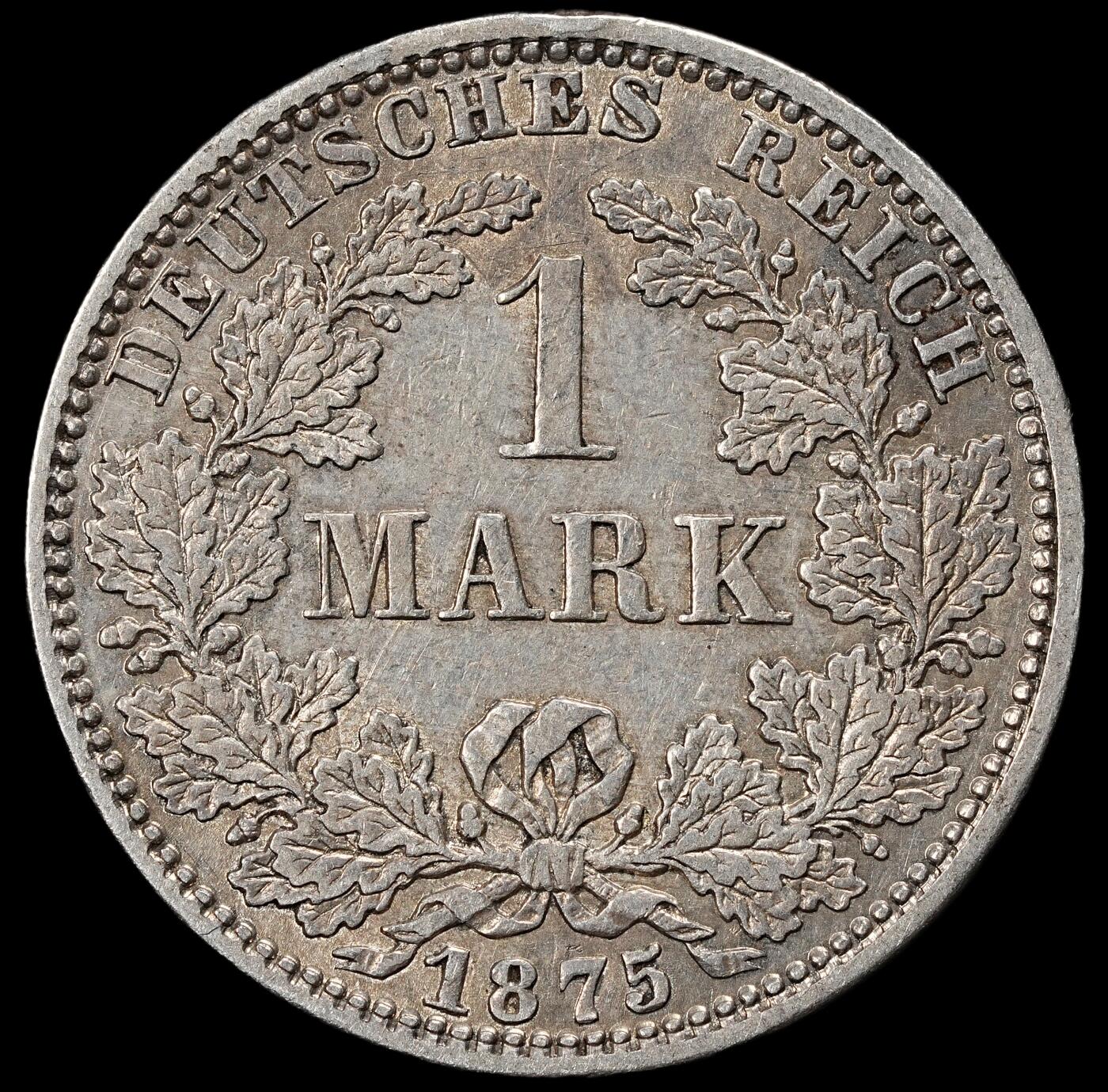 修遠堂世界钱币第一百期 1875年德国1马克银币 A厂铭，5.54g，含银90%