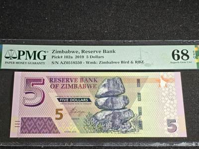 刘世昌艺术品销售中心～虎踞龙蟠*金杨在线联拍群第521期 津巴布韦2019年5元（PMG 68E 号码：AZ0518550）1枚。
