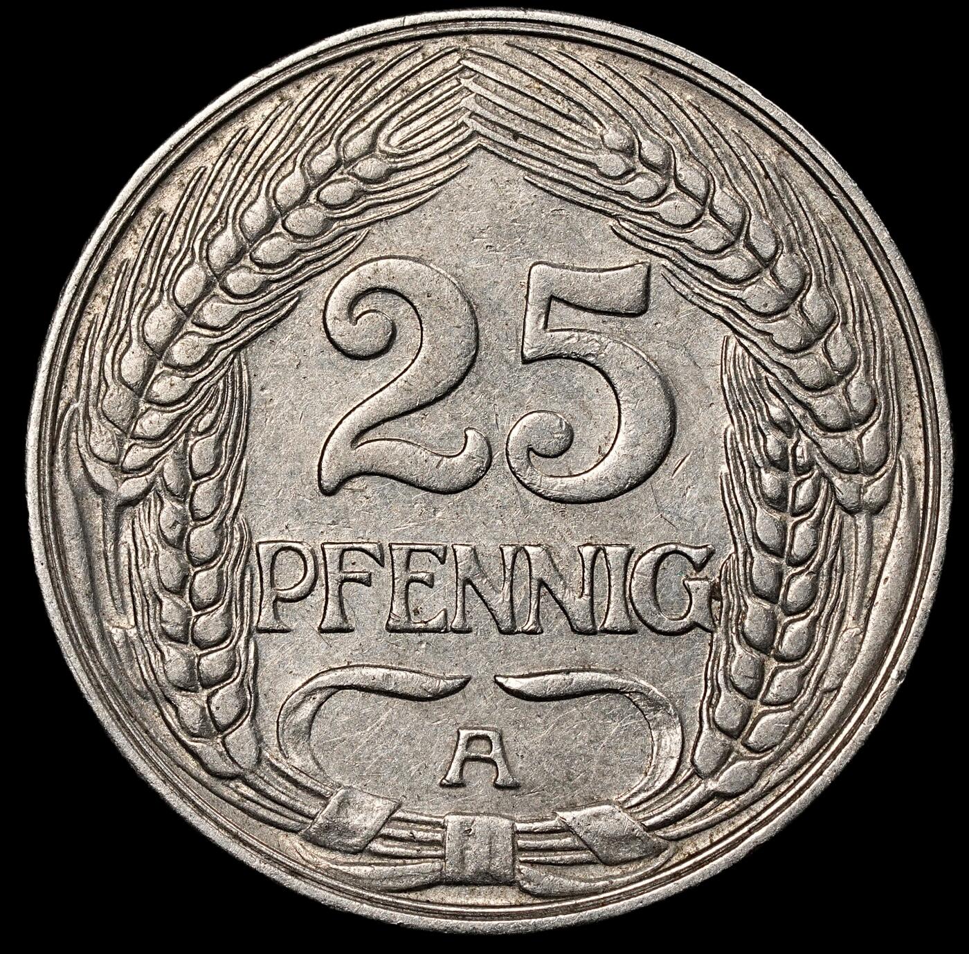 修遠堂世界钱币第一百期 1912年德国25芬尼 A厂铭，铜镍合金