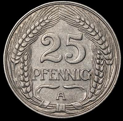 修遠堂世界钱币第一百期 - 1912年德国25芬尼 A厂铭，铜镍合金