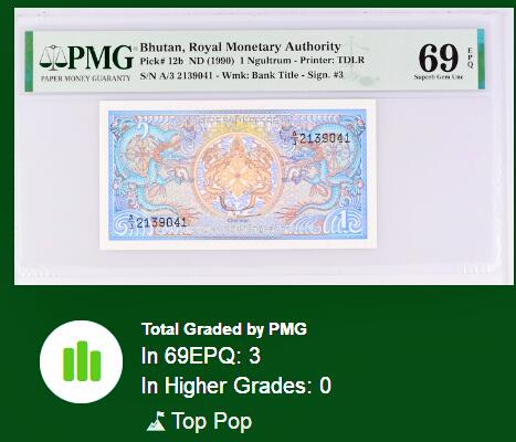 【Blue Auction】世界纸币精拍第771期——18级TOP拍卖/信誉/品质/专业/高效💫 【冠军分】不丹 1990年1努尔特鲁姆 PMG69EPQ 近满分