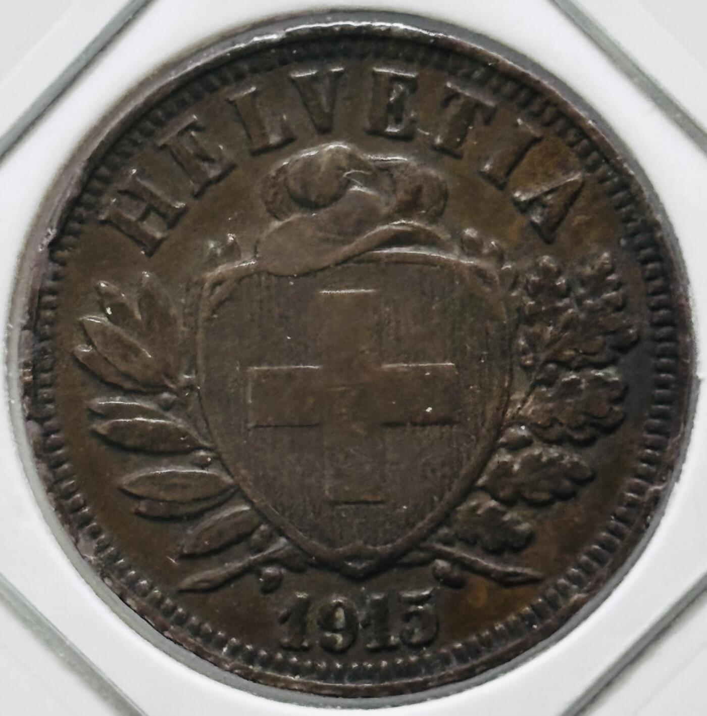 文馨钱币收藏 迎新纳福2026新年第一场（第 287 场）金银老铜币拍卖 稀少极美品 1915 年瑞士 2 生丁青铜币，第二版本细十字 B 版