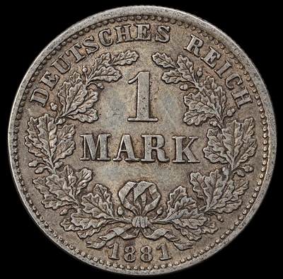 修遠堂世界钱币第一百期 - 1881年德国1马克银币 D厂铭，5.55g，含银90%