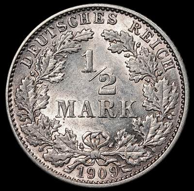 修遠堂世界钱币第一百期 - 1909年德国1/2马克银币 E厂铭，少见的年份和厂铭，未流通，2.77g，含银90%