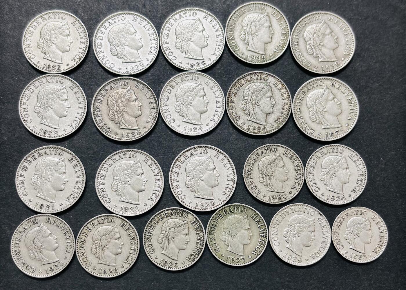 文馨钱币收藏 迎新纳福2026新年第一场（第 287 场）金银老铜币拍卖 少见早期极美品 1920-1939 年瑞士 5-10-20 生丁 21 枚，对应民国 9 年---18 年时期，所见美品网上也要小几十一枚