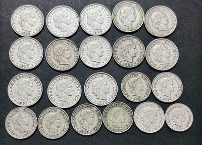 文馨钱币收藏 迎新纳福2026新年第一场（第 287 场）金银老铜币拍卖 - 少见早期极美品 1920-1939 年瑞士 5-10-20 生丁 21 枚，对应民国 9 年---18 年时期，所见美品网上也要小几十一枚