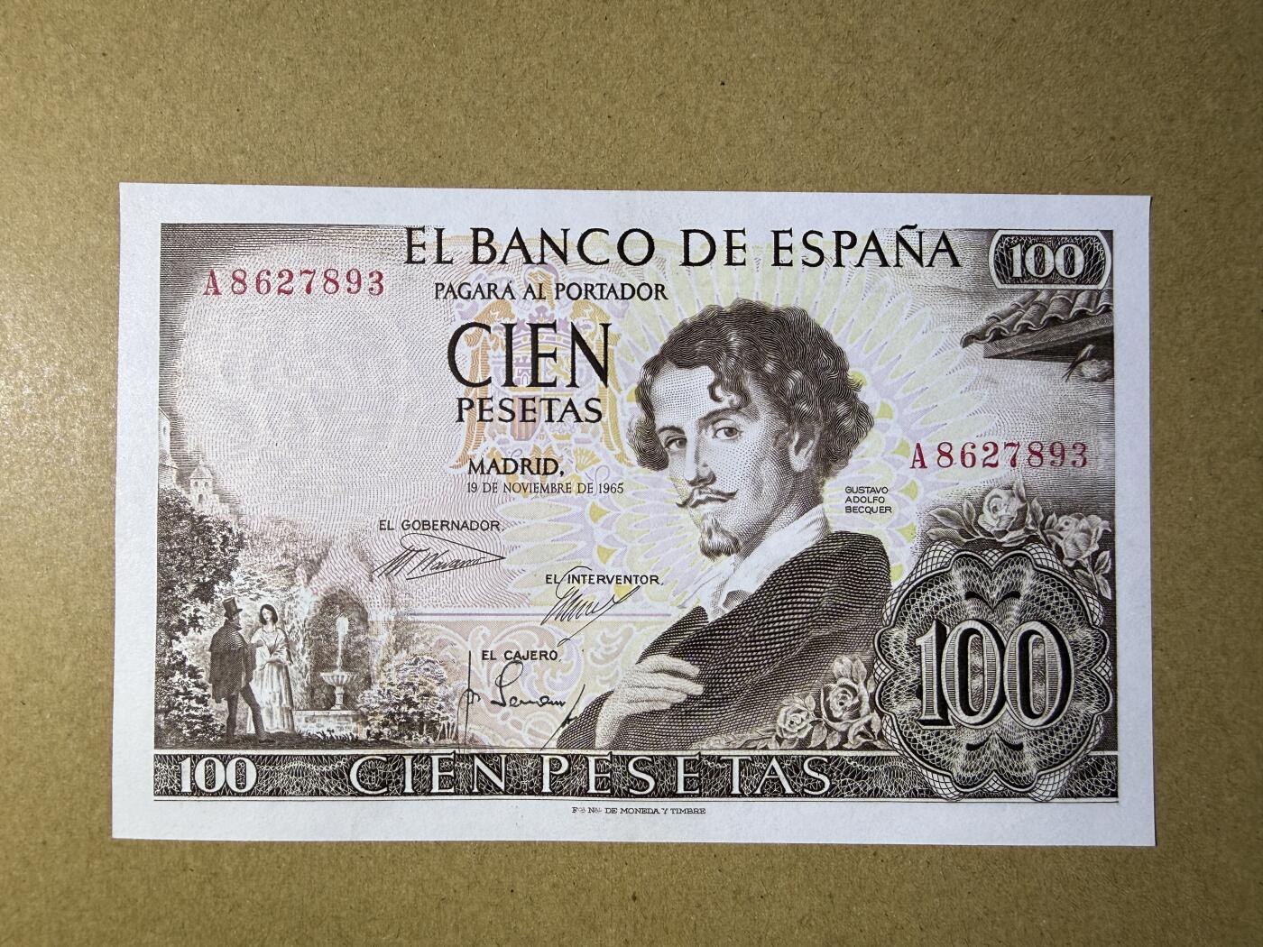 《艾美收藏》第227期-1.3周六外币黄金场-马年首拍 西班牙100比塞塔 UNC 1965年 西班牙诗人贝克尔 A冠无4