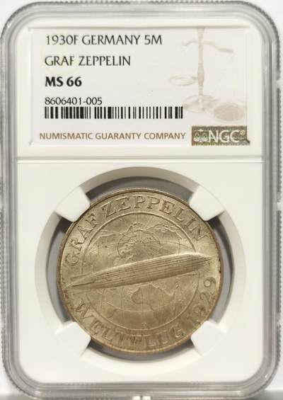 博洋堂“岁启嘉年”2026新年精品大拍专场暨第155期（全场包邮） - NGC MS66 德国魏玛1930年齐柏林飞艇5马克银币，名誉品，淡金包浆，超高分Top!，市面上几乎看不到的高分品种。