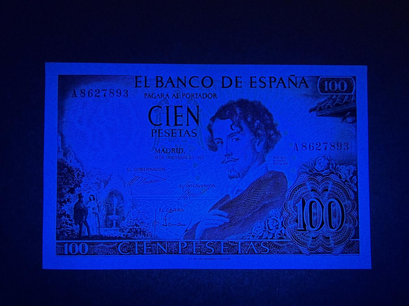 《艾美收藏》第227期-1.3周六外币黄金场-马年首拍 西班牙100比塞塔 UNC 1965年 西班牙诗人贝克尔 A冠无4