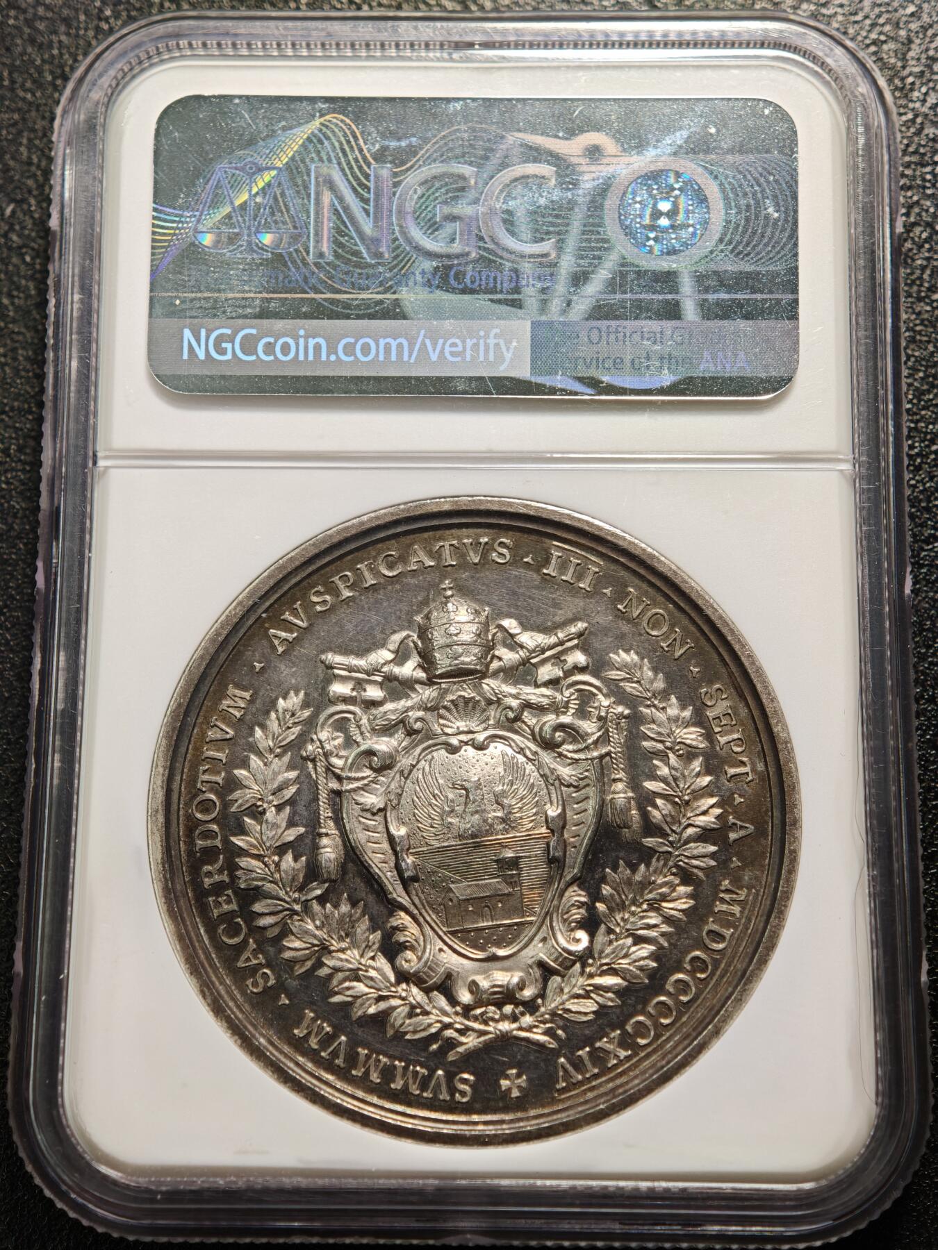 【德藏】世界币章拍卖第160期 1914年 梵蒂冈本笃十五世教皇宗教选举会议纪念银章 NGC MS62 原味包浆