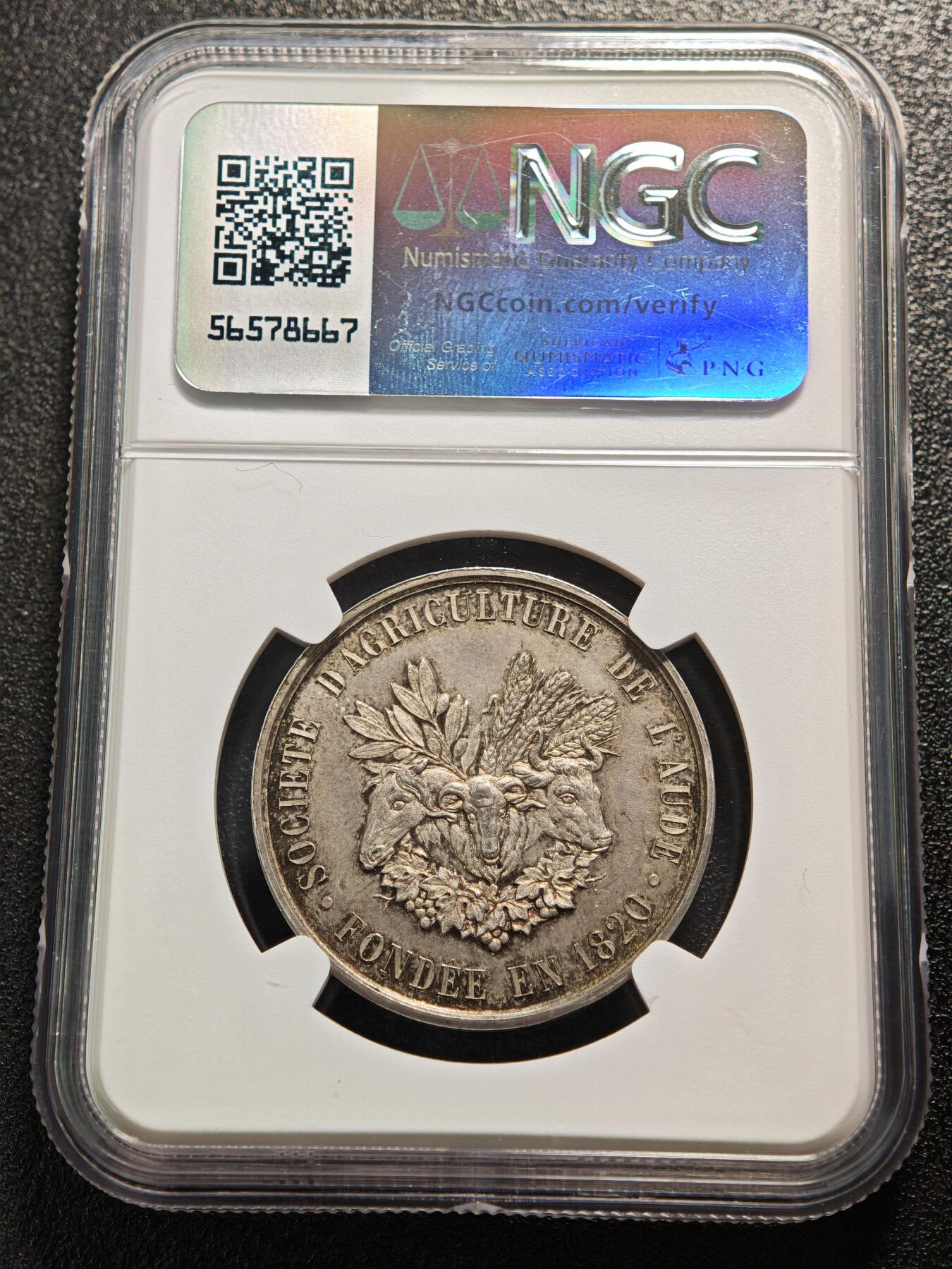 【德藏】世界币章拍卖第160期 1820年法国农业协会女神银章 NGC MS62 原味包浆 好品好状态
