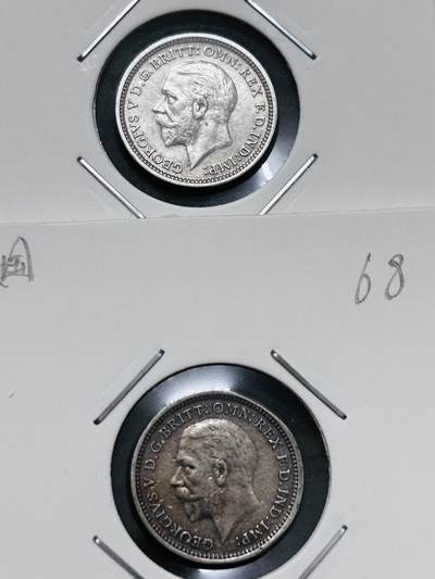 文馨钱币收藏 迎新纳福2026新年第一场（第 287 场）金银老铜币拍卖 - 极美品 1934-35 年英国乔治五世 3 便士银币 2 枚，1.41 克 500 银