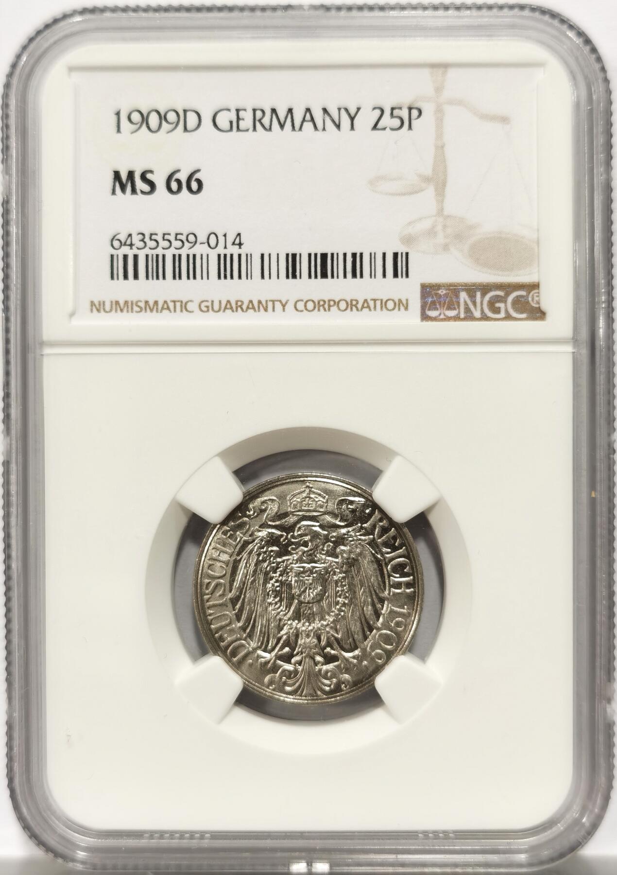 博洋堂“岁启嘉年”2026新年精品大拍专场暨第155期（全场包邮） NGC MS66 德意志第二帝国1909年D厂皇冠鹰25芬尼镍币，NGC季军分，非常见A厂，高分辅币