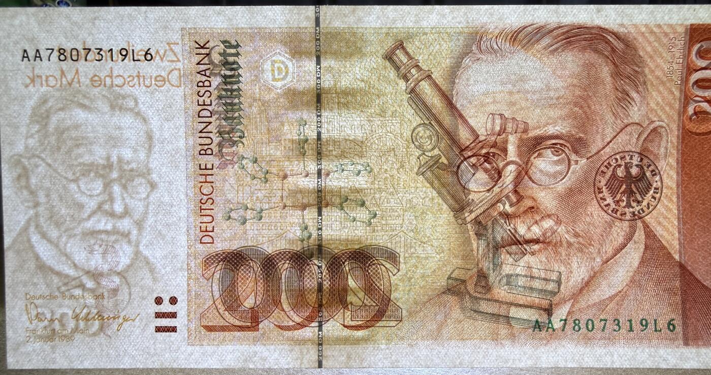 《艾美收藏》第227期-1.3周六外币黄金场-马年首拍 德国200马克 UNC 1989年 德国医学家埃尔利希 AA冠无4