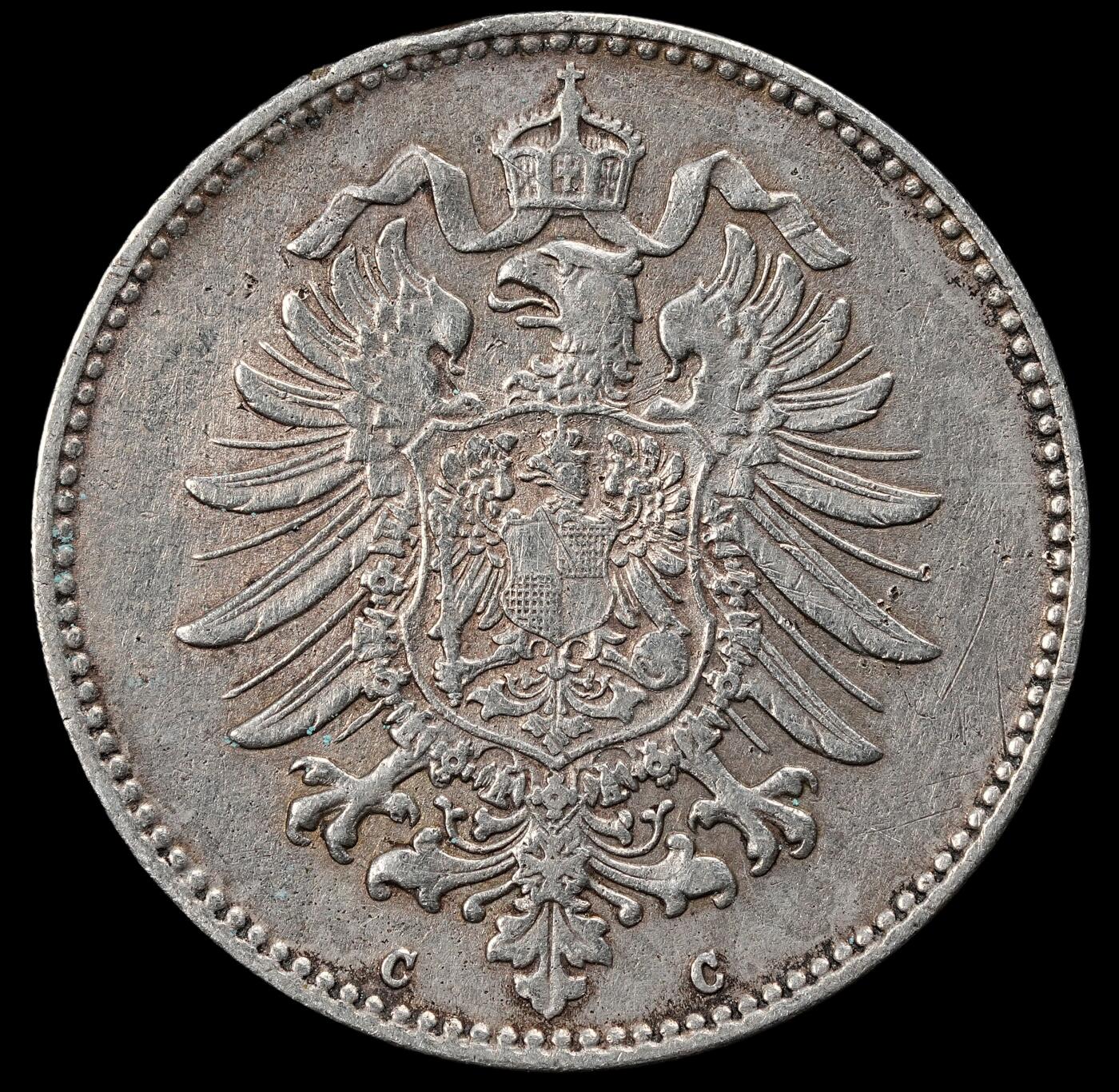 修遠堂世界钱币第一百期 1876年德国1马克银币 C厂铭，5.45g，含银90%