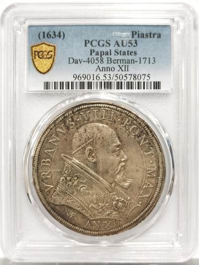 博洋堂“岁启嘉年”2026新年精品大拍专场暨第155期（全场包邮） - PCGS AU53 梵蒂冈1634年乌尔班八世1Piastra大银币，17世纪梵蒂冈罕见大规格银币，直径约41mm，重约32g，气场直接拉满。乌尔班八世侧像雕刻极深，官服纹样立体清晰；背面圣米迦勒挥剑镇邪，画面张力十足，巴洛克风格代表作。原始银光叠加自然包浆，整体状态明显高于常见流通品。同品种同状态2023年意大利拍卖裸币成交1700欧元（1.4万），有明确市场参照