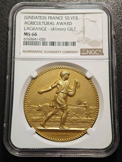 【德藏】世界币章拍卖第160期 - 19世纪法国农业协会镀金奖章银章 NGC MS66 完美品相状态
