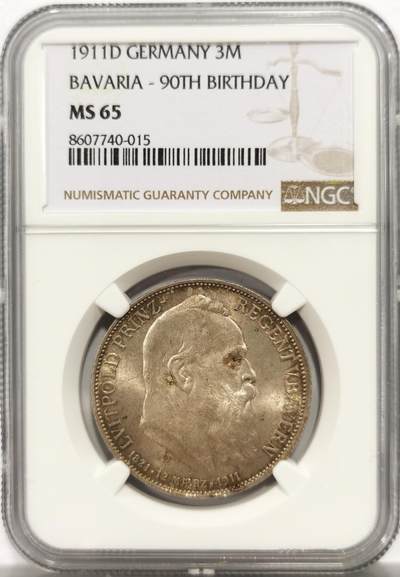 博洋堂“岁启嘉年”2026新年精品大拍专场暨第155期（全场包邮） - NGC MS65 德国巴伐利亚1911年柳特波德寿辰纪念3马克银币 难得高分