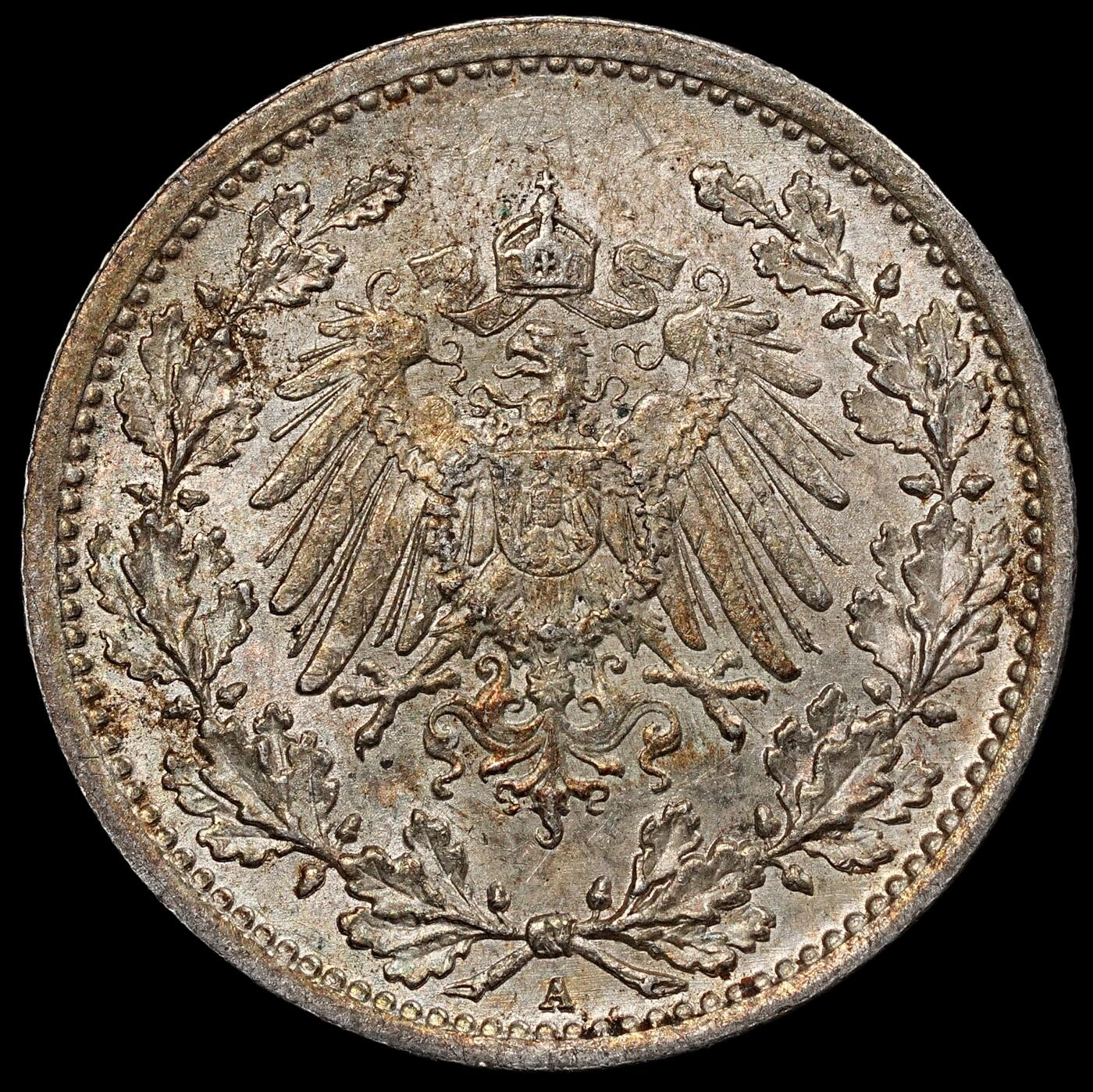 修遠堂世界钱币第一百期 1914年德国1/2马克银币 A厂铭，未流通，2.77g，含银90%