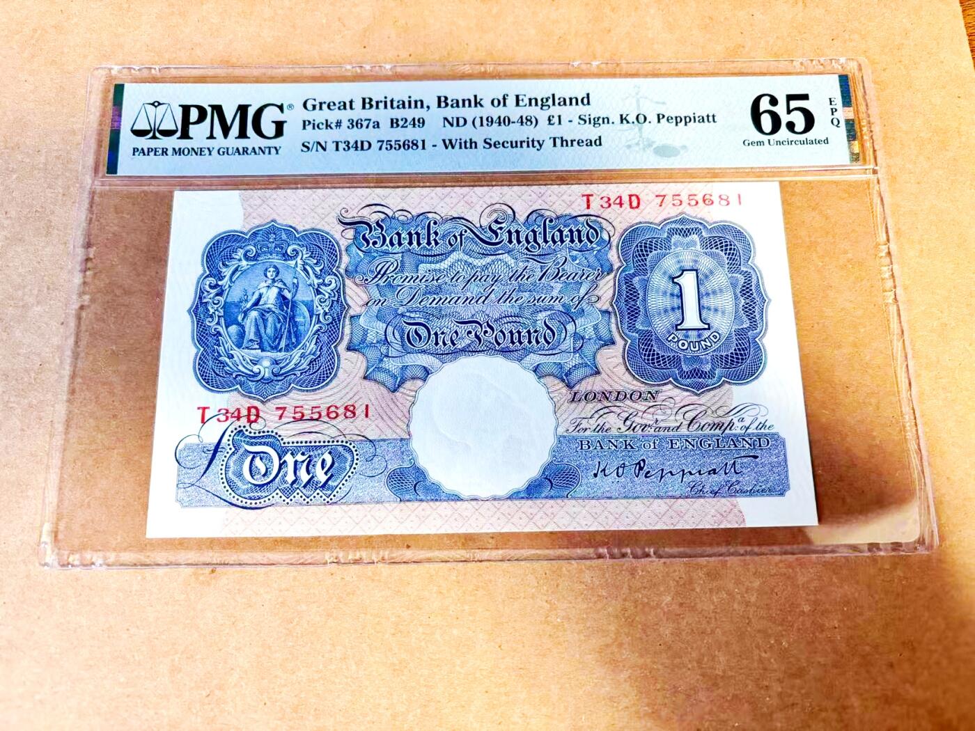 【Blue Auction】世界纸币精拍第771期——18级TOP拍卖/信誉/品质/专业/高效💫 英国 A序列 1940-48年1镑 PMG65EPQ 