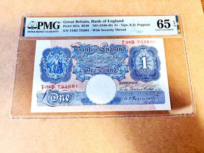 【Blue Auction】世界纸币精拍第771期——18级TOP拍卖/信誉/品质/专业/高效💫 - 英国 A序列 1940-48年1镑 PMG65EPQ 