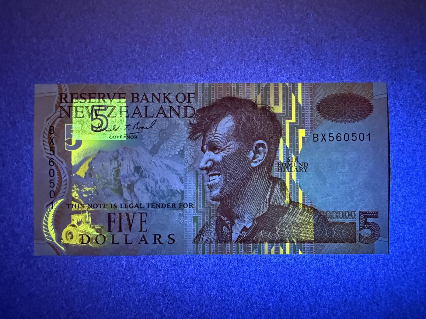 《艾美收藏》第227期-1.3周六外币黄金场-马年首拍 新西兰5元 UNC 1992年 黄眼企鹅 背面边缘有处荧光 无47