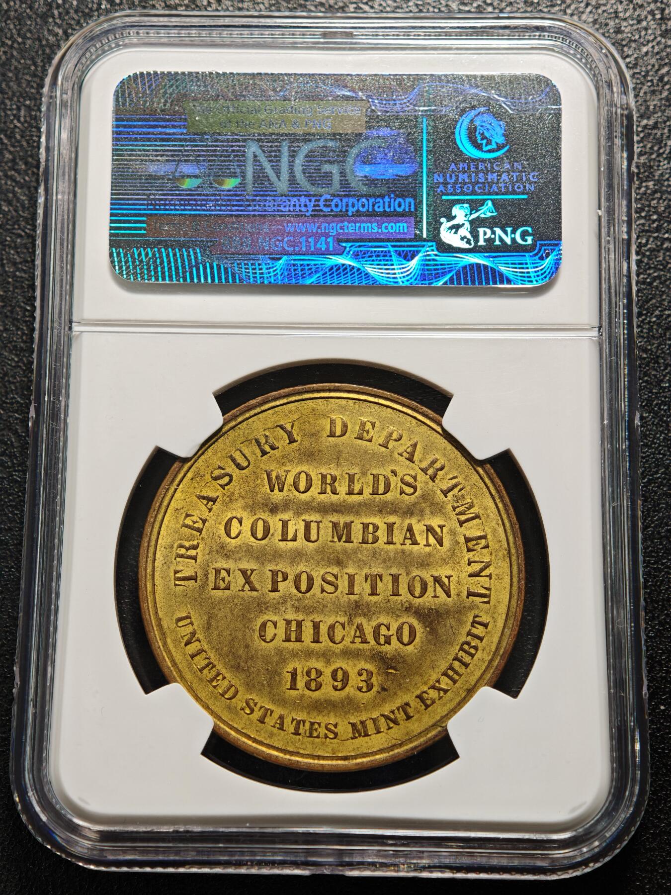 【德藏】世界币章拍卖第160期 1893年 美国哥伦比亚世博会纪念铜章 NGC MS63 正面是哥伦比亚世博会主馆的建筑物，背面记录世博会文字。品相完好，少见品种