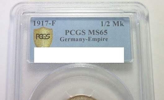【旋风钱币】1月10日19:00准时开拍 精美欧洲币章、银币银章、第三帝国钱币等 全场包邮！ 【银】稀年 PCGS MS65 一战德国1917年F版1/2马克银币 开卷原光