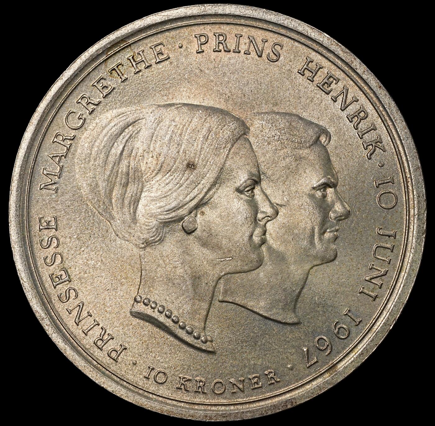 修遠堂世界钱币第一百期 1967年丹麦玛格丽特公主结婚纪念10克朗银币 20.40g，含银80%