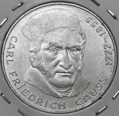 文馨钱币收藏 迎新纳福2026新年第一场（第 287 场）金银老铜币拍卖 - 原光品相 1977 年德国数学家卡尔高斯诞辰 200 周年 5 马克纪念银币 11.2 克 625 银，品相可评级