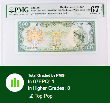 【Blue Auction】世界纸币精拍第771期——18级TOP拍卖/信誉/品质/专业/高效💫  【补号 唯一冠军分少见】不丹 1986年100努尔特鲁姆 PMG67EPQ 高分