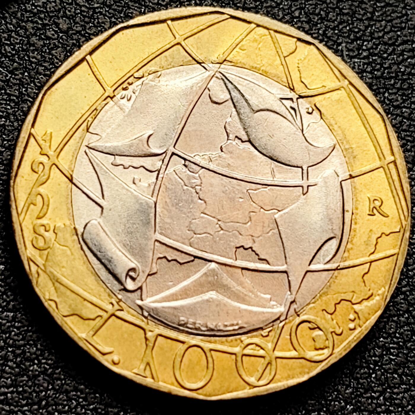 泉币菌-第160场-新年第三场 精品福利场 原光美品 地图错版 意大利1998年1000里拉双色币27mm 欧洲币