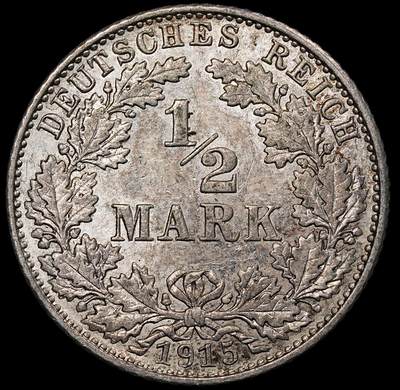 修遠堂世界钱币第一百期 - 1915年德国1/2马克银币 E厂铭，未流通，2.77g，含银90%