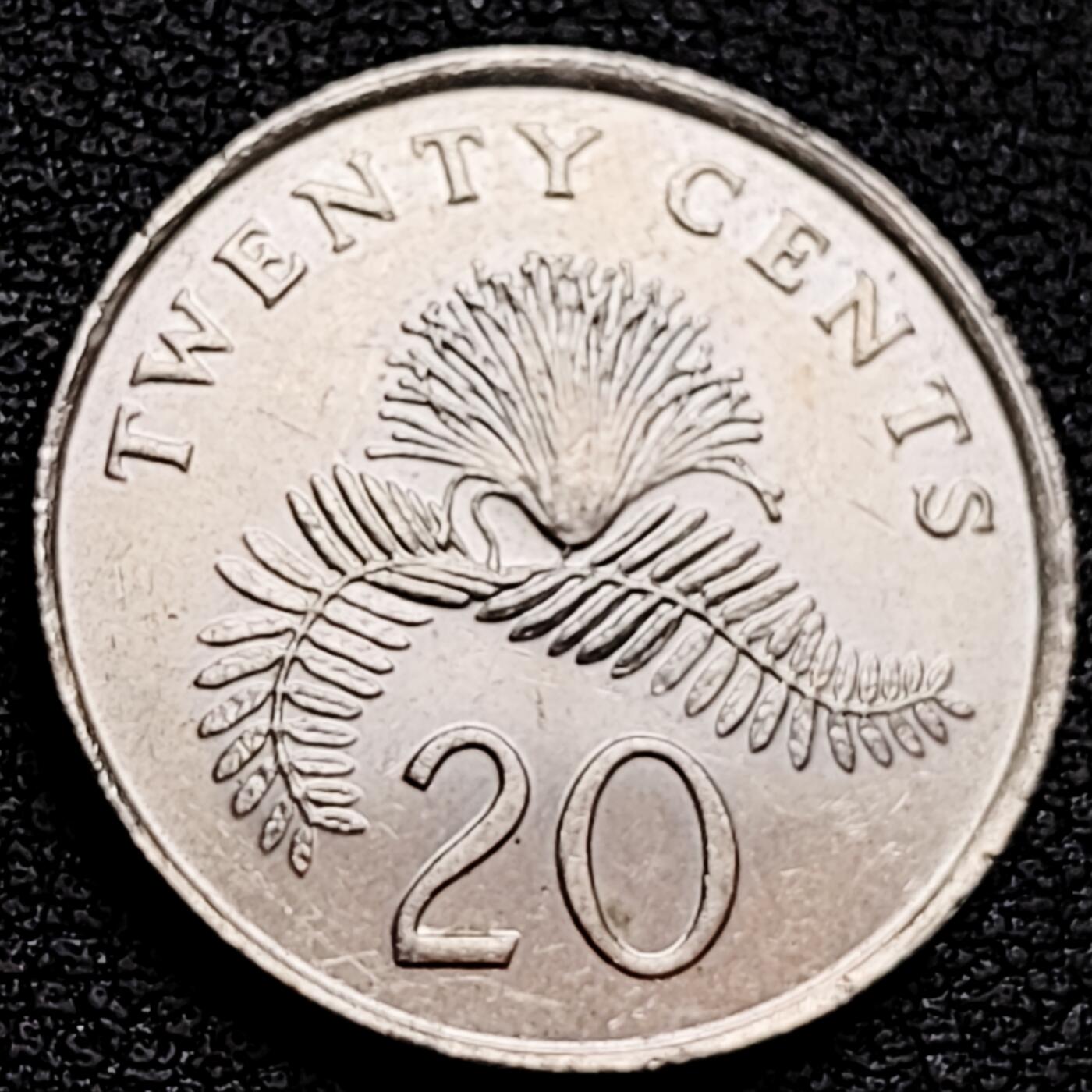 泉币菌-第160场-新年第三场 精品福利场 1986年 高币值 新加坡20分 绒球花 高盾徽版 直径21.36mm